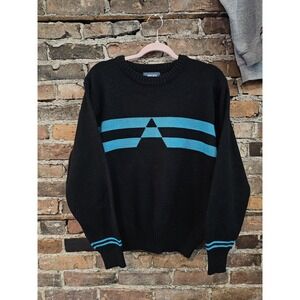 Vintage Mervyn's Sweater Mens Medium Black Knit Pullover Korea Triangle 80s